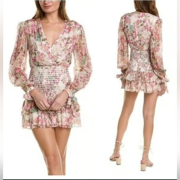 Rococo Sand XS Fabulous Pink Floral Smocked V-Neck Long Sleeve Chic Mini Dress - Picture 1 of 15